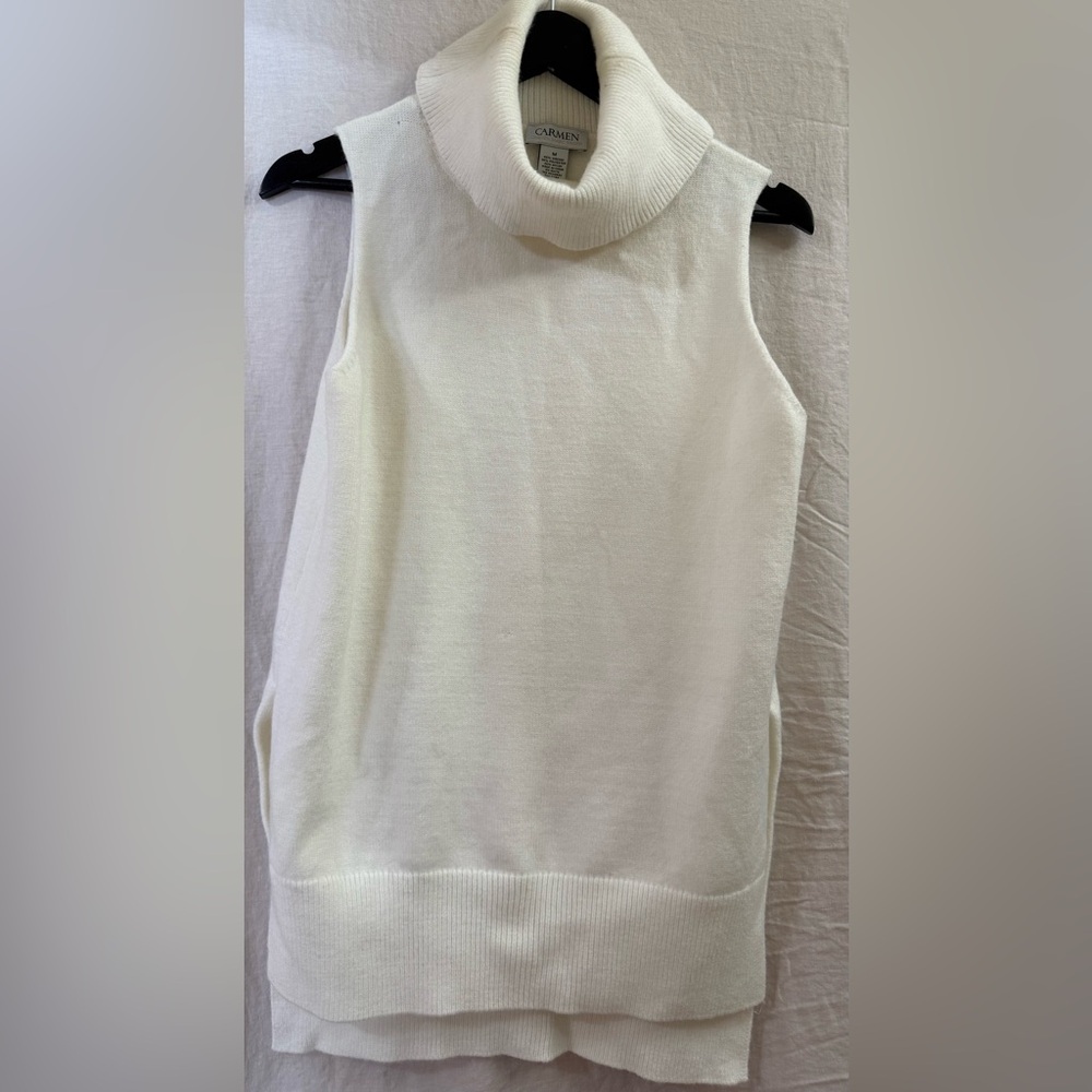 Carmen Marc Valvo Turtleneck Pullover Sweater Off White Sleeveless Medium